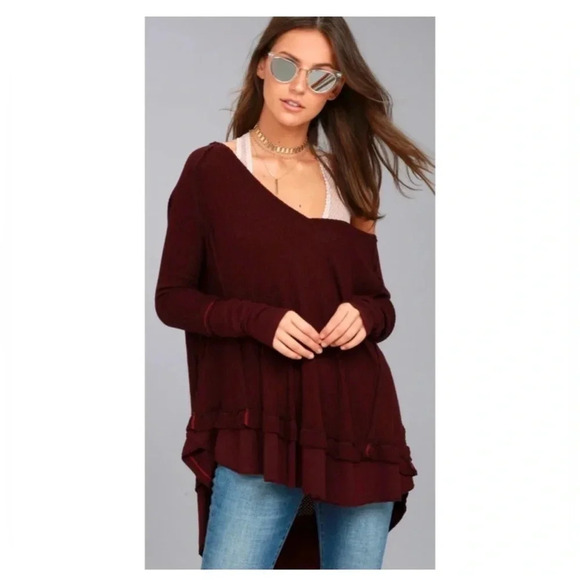 WE THE FREE Burgundy Thermal Long Sleeve V-Neck Top Small‎ - Picture 1 of 11